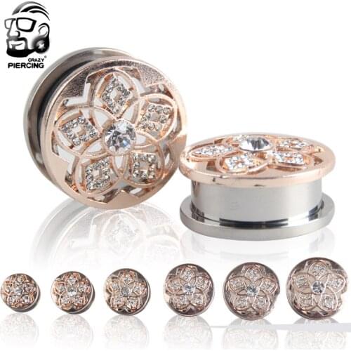 Fashion 2pcs Rose Gold Flower Earrings Lotus316L Steel Ear Gauge Tunnel Plugs Piercing Body Jewelry Ear Stretchers
