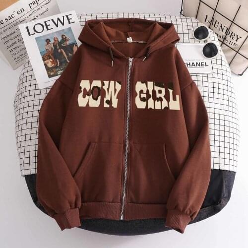 Brown Zipper Hoodie Fashion Long Sweatshirt Zip Cow Girl Harajuku Jacket with Pocket Hip Hop Hoodie Winter Warm Tops for Girls