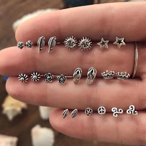 Yobest Unique Design Vintage Small Stud Earrings Set For Women Punk Rose Crown Sun Stars Feather Geometric Animal Earrings Sale
