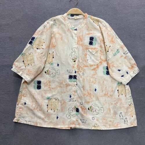 Johnature Summer New Japanese Womens Tops And Blouses 2021 Vintage Cotton O-neck Short Sleeve Loose Female Shirts