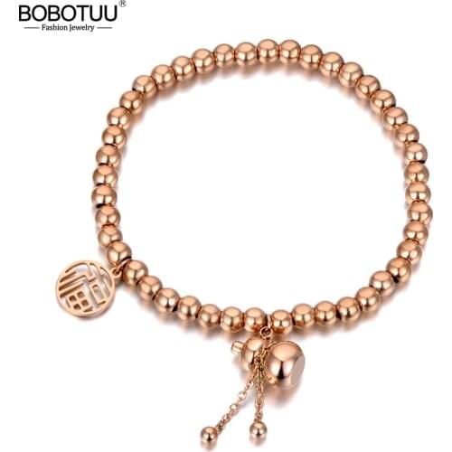 BOBOTUU Ethnic Chinese Style Stainless Steel Good Luck & Gourd Charm Bracelets For Women Rose Gold Beaded Bracelet BB20138