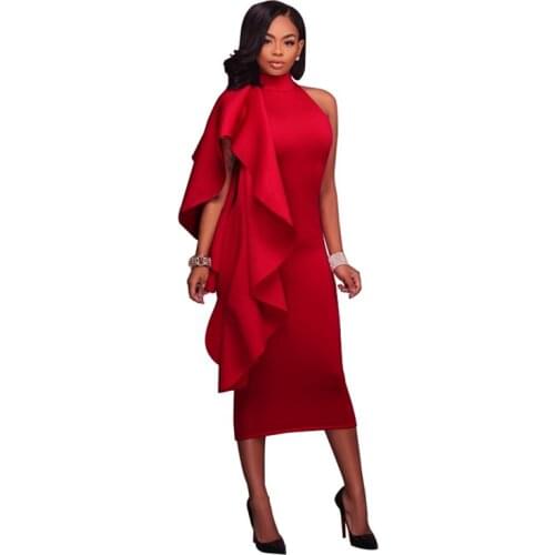 Dream Vine Elegant Women One Shoulder Ruffles Details Club Dress Butterfly Sleeve Midi Bodycon Bandage Dresses Vestido De Festa