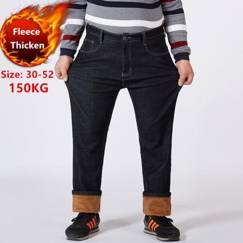 Winter Jeans Men Warm Denim Plus Size 42 46 48 50 52 150KG Black Pants Elastic High Waisted Mens Fleece Trousers Thicken Jean