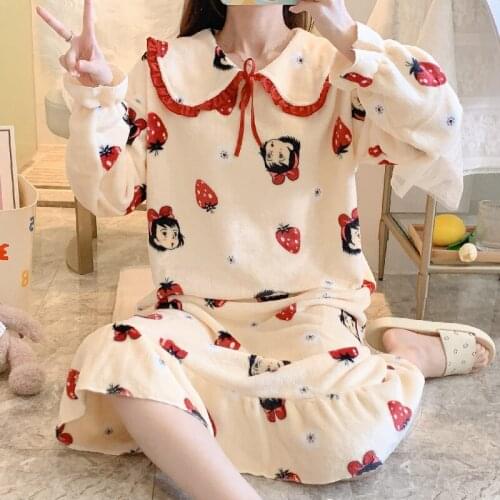 Winter Flannel Pajamas For Women Japan Anime Kiki Delivery Service Home Clothes Peter Pan Collar Cute Sleep Dress Nightdress