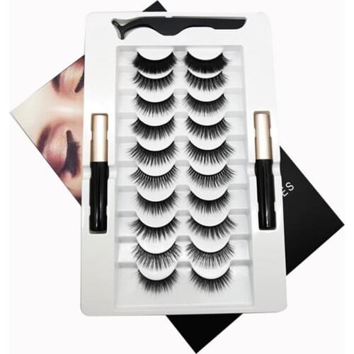 10 Pairs Magnetic Artificial Eyelashes Extension Liquid Eyeliner Tweezer Set