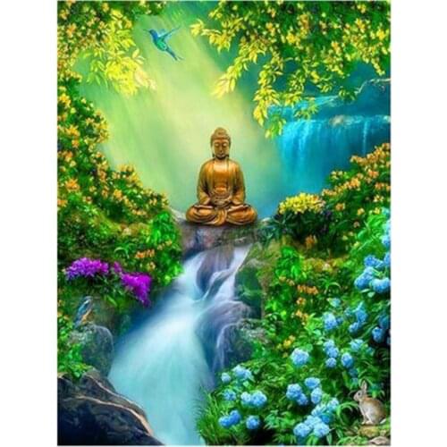 5D DIY Full Round/Square Diamond Painting "Buddha & Waterfall" 3D Embroidery Cross Stitch Rhinestone Mosaic Home Decor Gift Y345