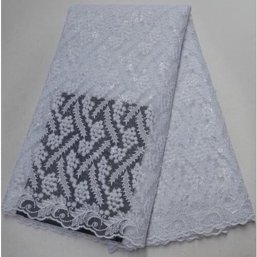 Free shipping (5yards/pc) high quality pure white African tulle lace embroidered French net lace fabric with sequins FLP946