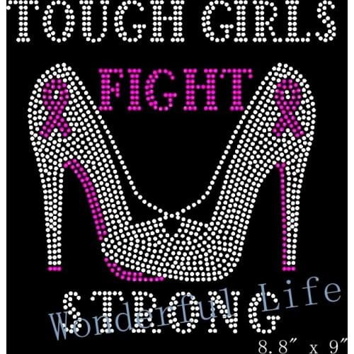 Free shipping Tough Girls Fight Strong Heels Stiletto Cancer Awareness Rhinestone Transfer
