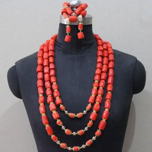 Dudo African Jewelry Set 3 Layers Original Coral Beads Necklace Bracelet Earrings Set With Jewellery Set For Women Fashion