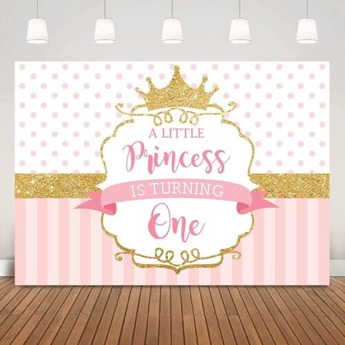 Little Princess is Turning One Birthday Background Sweet Girl 1st Happy Birthday Party Backdrop Decor Golden Crown Dots Stripes