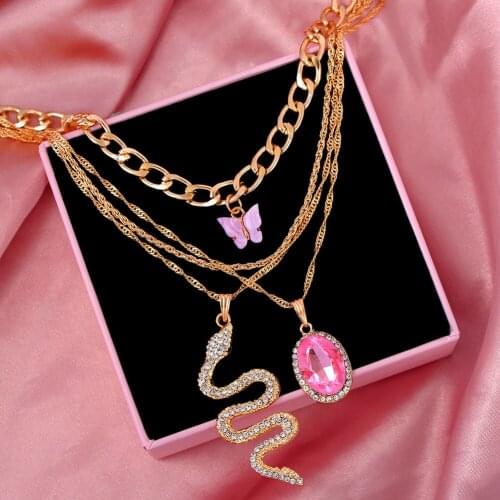 JJFOUCS Multi Layer Golden Metal Necklace for Women Shine Crystal Snake Butterfly Pendants Necklaces Geometric statement Jewelry