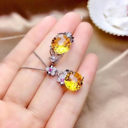 Best Gift Real Natural Citrine Jewelry set Natural And Real Citrine Set 925 sterling silver Fine jewelry 1pc ring,1pc Pendant