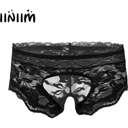 Iiniim Mens Exotic Panties See-through Sexy Lace Crotchless Boxer Shorts Cut Out Open Crotch Gay Sissy Underwear Underpants