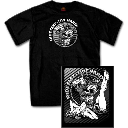 2019 New MenS Biker T " Ride Fast - Live Hard " Pin Up and V-Twin Motor Black T Shirt #1267 Tee Shirt