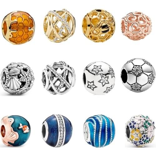 New Round Beads Flower Sparkling Blue Spherical Fit Original Pandora Charms Bracelet DIY Silver Color Jewelry Gifts Custom Made