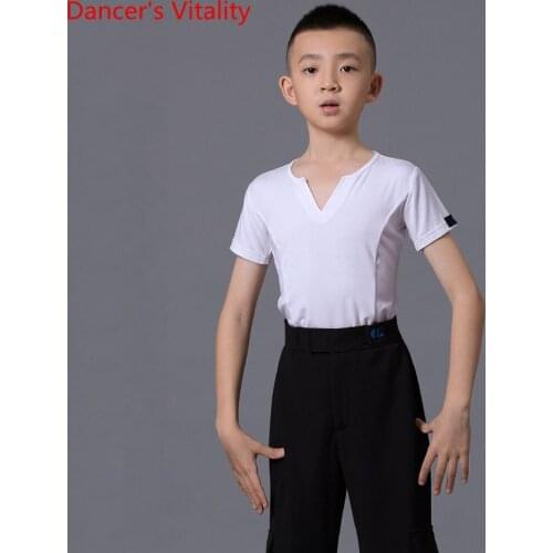 Latin Dance Profession Exercise Clothes Temperament V-neck Tops Boys Stage Performance Training Clothes Short Sleeve