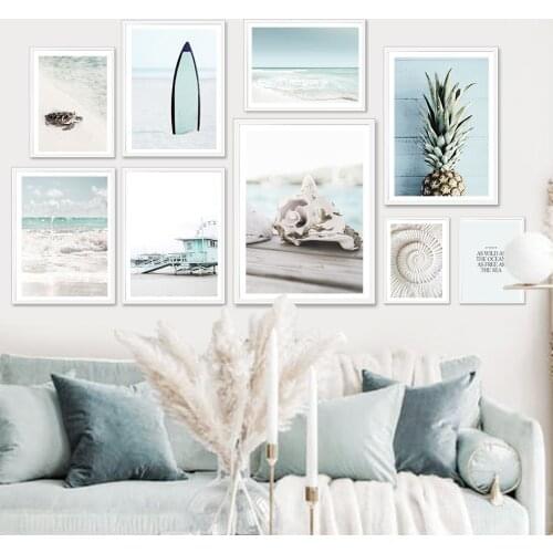 Ocean Beach House Turtle Conch Surfboard Wall Art Canvas Painting Nordic Posters And Prints Wall Pictures For Living Room Decor