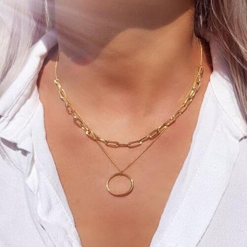 Geometric Circle Pendant Necklace for Women Gold Silver Color Double Chains Clavicle Chain Short Necklaces Fashion Jewelry New