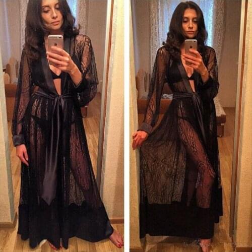 Sexy Women Sheer Shirt Lingerie Sleepwear Lace Mesh See Through Robe Nightwear Dress Female Long Sleeve Robes with Belt