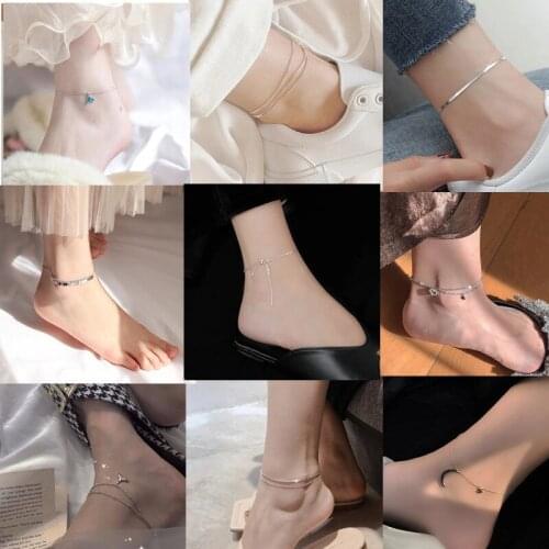 925 Sterling Silver Tassel Link Chain Heart Pendant Link Chain Anklet Fashion Beach Jewelry For Women Girls Party A018