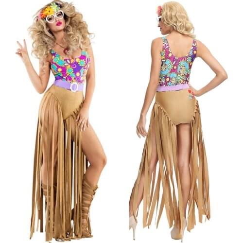 Women tassels hippie costumes adult 60s 70s retro feelin groovy disco bar singer dress carnival halloween party cosplay clothing