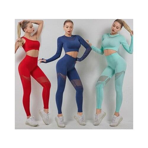 Women Yoga Set Fitness Sports Suits Long Sleeve Crop Top Shirts + Hollow Out Gym Leggings 2PCS Sport Workout Clothing Suit