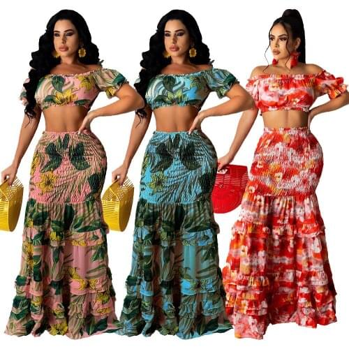 Bohemian Floral Print Off Shoulder Crop Top+Maxi Skirt Sets Summer Sundress Womens Ruffles Two-Piece Suits Vacation Outfits