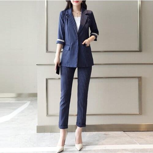 2021 Summer Vintage Fashion 2 Piece Outfits Women Striped Casual Blazers High Waist Suit Pencil Pants Office Lady Sets