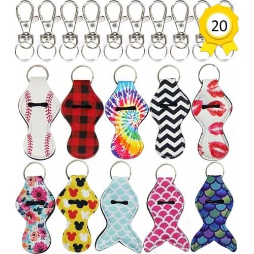 10Pieces Neoprene Chapstick Holder Keychain with 10Pieces Metal Clip Cords Lipstick Balm Holder Keychain Novelty Gift for girl