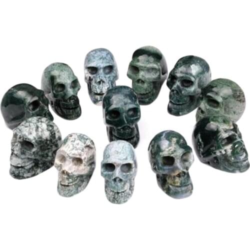 2.0" Natural Stone Green Moss Agate Skull Quartz Crystal Head for Halloween Decoration
