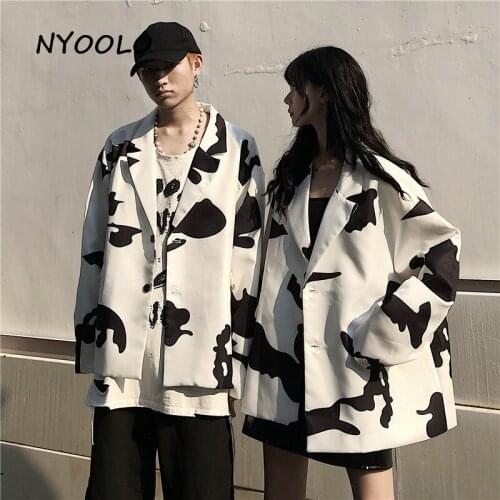 NYOOLO Vintage streetwear cow pattern long sleeve blazer jacket women men Casual Single breasted pockets loose blazer outerwear