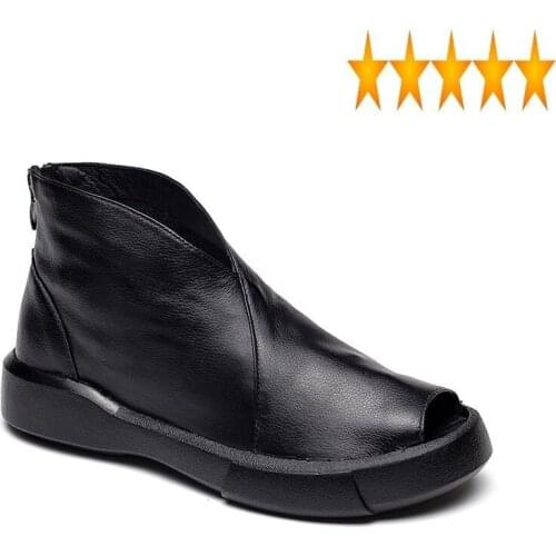 Women Footwear Fashion Open Summer Toe Vintage Sandal Thick Bottom Genuine Leather Shoes New Designer Female Ankle Boots Sandals