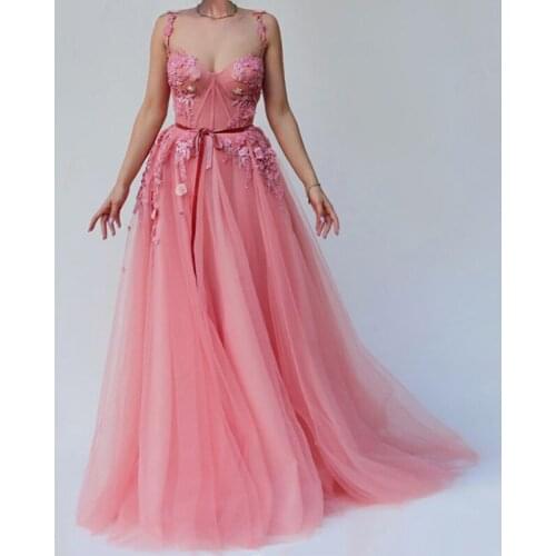 Elegant Evening Dresses Pink Spaghetti Strap Appliques Flowers A-Line Tulle Backless Prom Gown Party Dress for Graduation