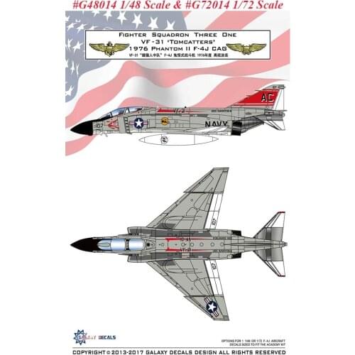 GALAXY G48014 G72014 1/48 /172 Scale F-4J VF-31 Tomcatters 1976 Decal for Academy Aircraft Model