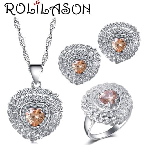 ROLILASON Heart-shaped design Jewelry Sets for women champagne silver zircon Earrings Necklace Rings USA size #6#7#8#9#10 JS728