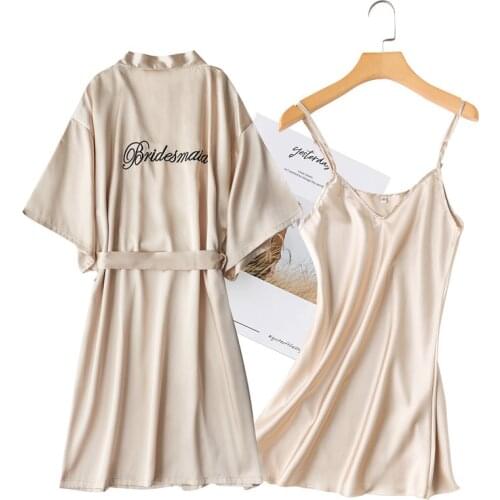 2 Pcs Nighty&Bathrobe Sets Bride Bridesmaid Wedding Robe Gown Womens Lingerie Sleepwear With Belt Nightgown Loose Kimono