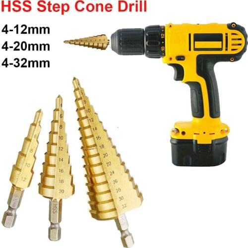3Pcs Metric Flute 4-12/20/32mm HSS Titanium High Speed Step Steel Cone Drill Bit Set Coated Wood Hole Cutter Core Drill