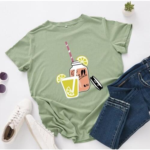 Summer 100% Cotton Women T Shirt Plus Size 5XL Cute Lemon Juice Print Short Sleeve O-neck Tshirt Casual Soft Tops Graphic Tees