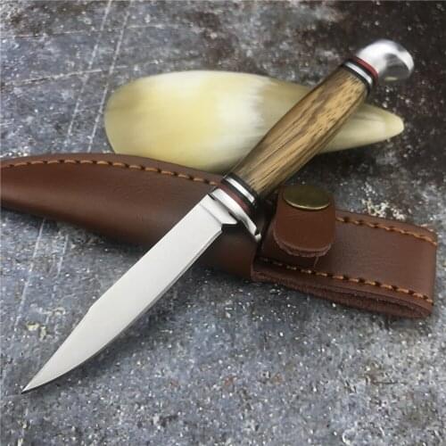 Small Fishbone Fixed Blade Outdoor Hunting Knife 440 Quality Steel Olive Wood Stainless Steel Hand Guard Tactical Rescue Knives