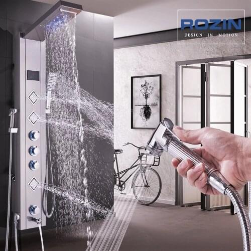 Brushed Nickel Shower Panel In Wall Shower Column Faucet Digital Temperature Screen Shower Mixer Faucet with Bidet Sprayer Head