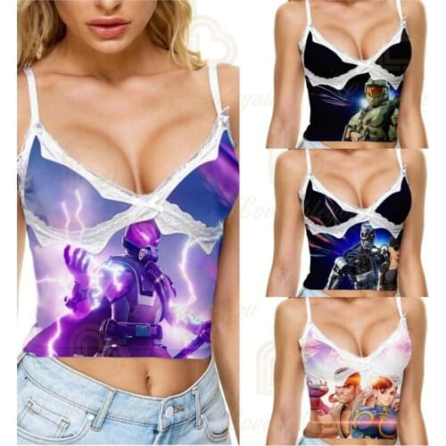 Fortnite Fashion Women T-Shirt Spaghetti Strap V Neck Model Vest Battle Game Cami Tank Tops Shirt Blouse Korean Fashion Clothing