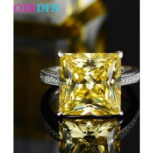 OEKDFN S925 Sterling Silver Ring For Women 12*12mm Big Square AAAAA+ Zircon Citrine Engagement Wedding Jewelry Women Rings Gift