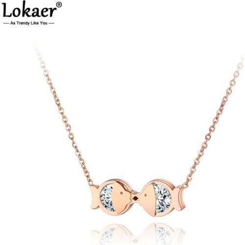 Lokaer Titanium Stainless Steel Cubic Zirconia Double Fish Charm Necklace Jewelry Lovely Pendant Chain Necklace For Women N19114