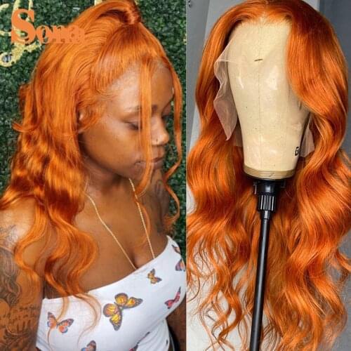 Orange Ginger Lace Front Wig Pre Plucked Brazilian Wavy Human Hair Wigs GluelessTransparent 180% Density Lace Frontal Wigs