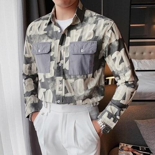 Full Sleeve Polyester Spandex Shirt with Block Style Letter Print Decoration,Double Pocket and Turn-Down Collar Trendy men shirt