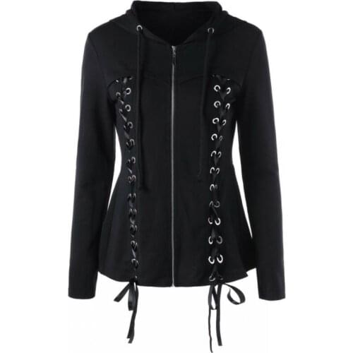Vintage Gothic Full Zip Womens Criss Cross Hoodie Cut Out Punk Coat Jacket Loose Unique Long Sleeve Personality 2020 Hot