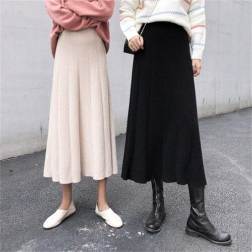Mazefeng 2020 Women Autumn Winter Knitted Midi A-Line Skirts Mid-Calf Empire Korean Style Elegant Fashion Solid Skirt One Size