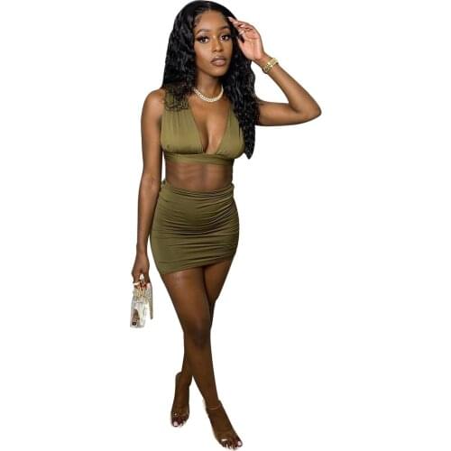 Women Sets Clothes 2021 Black Girl Two Piece Outfits Deep V Neck Crop Top Tee Bodycon Dress Sexy Party And Club Wear Wholesale