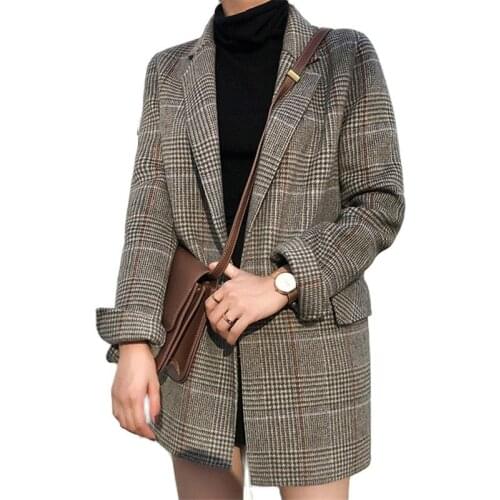 2021 Autumn Korean Vintage Plaid Woolen Women Blazers Tops Long Sleeve Notched Collar Loose Fashion Ladies Long Blazers Coats