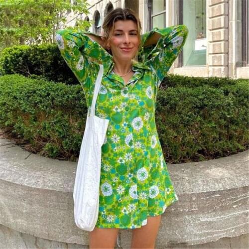 2021 New Style Women Summer Casual Floral Print Shirt Dress Ladies Long Sleeve Turn Down Collar Short Mini Dress